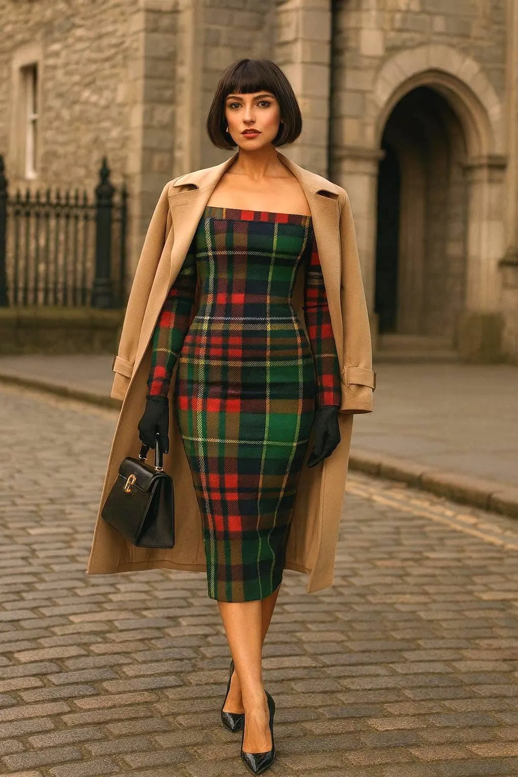 Lady wearing elegant Scottish tartan dress - Highland heritage fashion styling