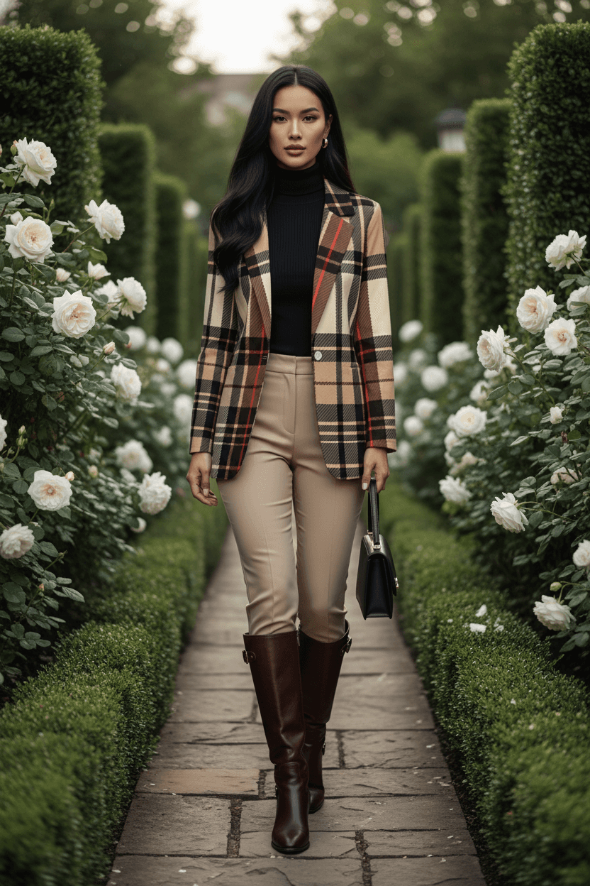 Front view of woman wearing beige and brown baroque tartan blazers for events paired with beige pants and brown boots in garden