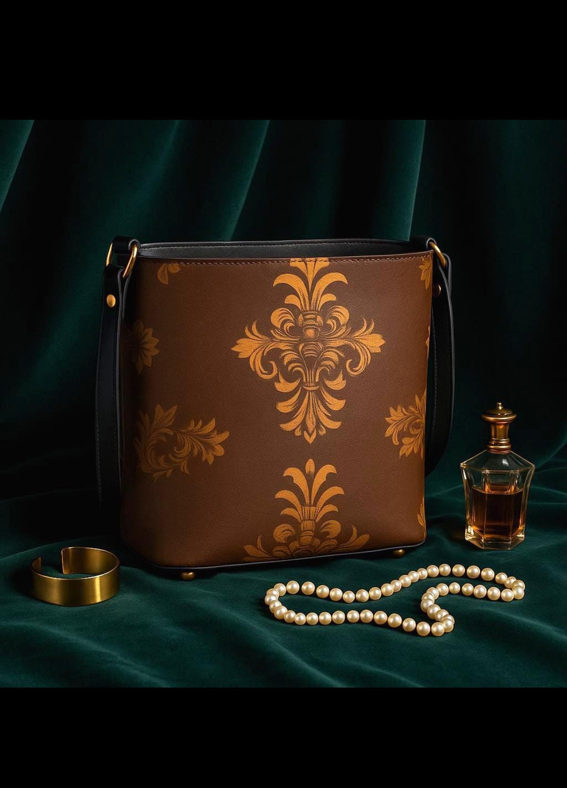 European inspired designer handbags brown with gold floral patterns arranged with pearl necklace and perfume bottle