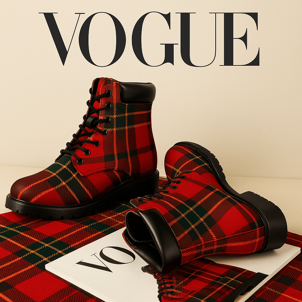 Designer statement tartan ankle boots with black laces and soles displayed on matching fabric with Vogue magazine