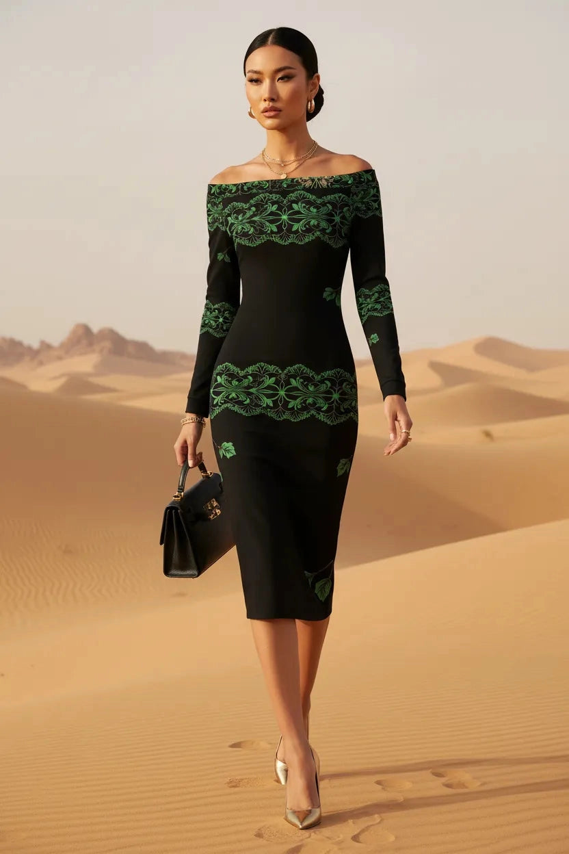 Elegant woman wearing a red and black baroque midi bodycon dress with off-shoulder design and long black gloves