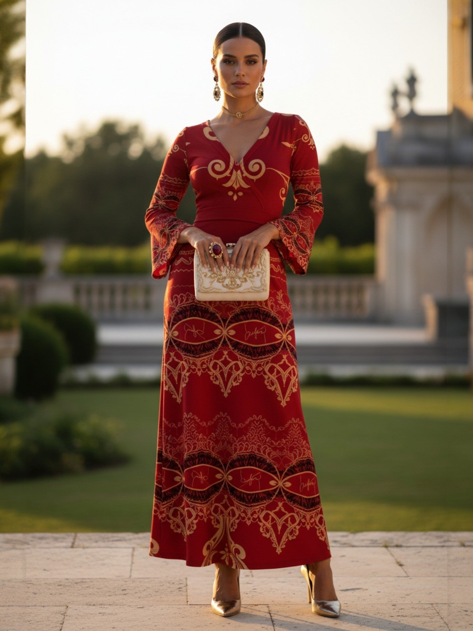 Elegant woman wearing a red baroque inspired maxi dress holding a beige clutch outdoors Dresses -Tartan, Baroque & Maxi Styles