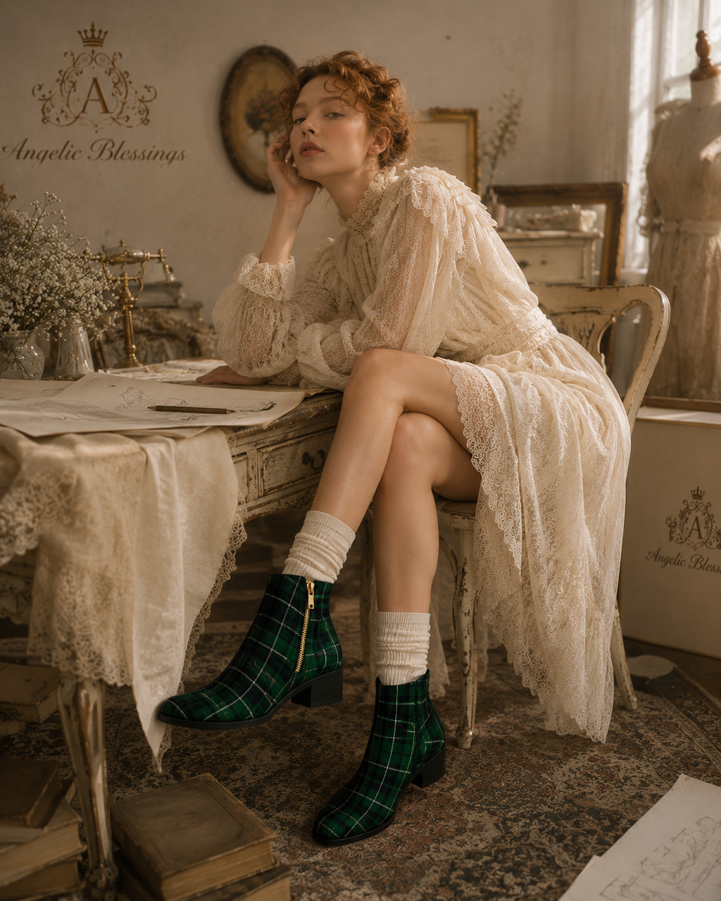 Emerald Green Tartan Ankle Boots Women - Elegant Heritage Style