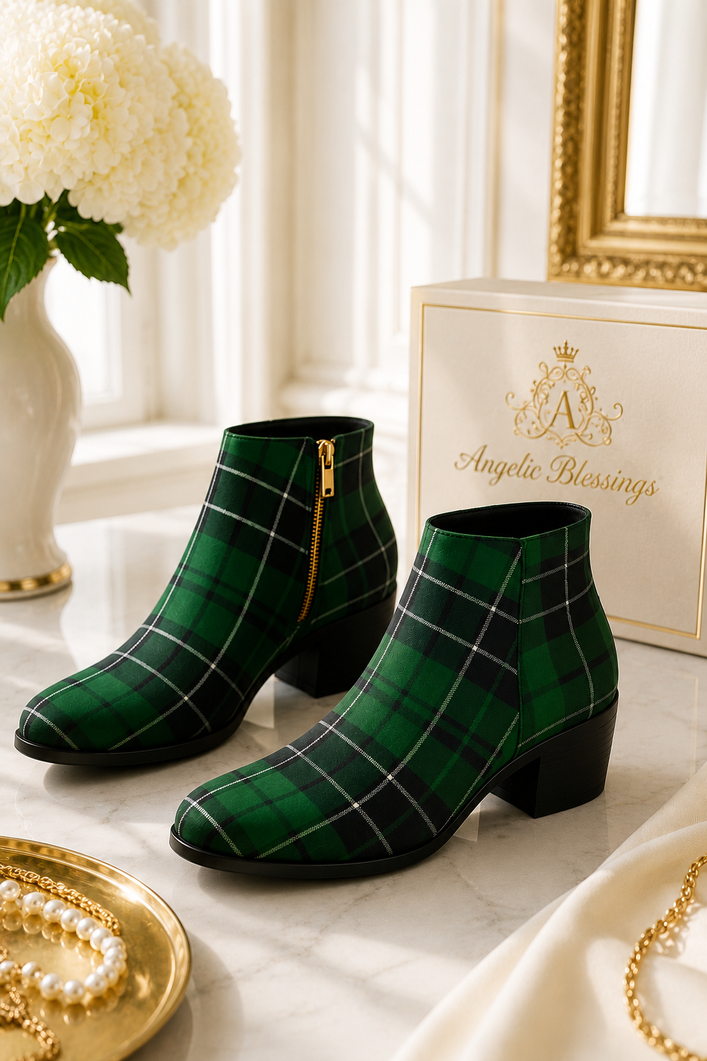 Emerald Green Tartan Ankle Boots Women - Elegant Heritage Style