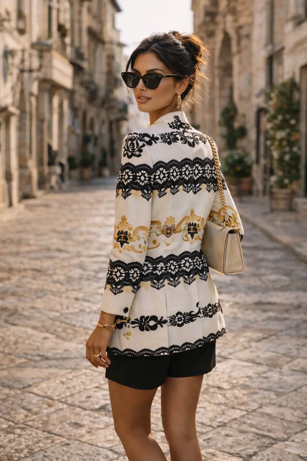 White Black Baroque Lace Women’s Leisure Blazer | 245GSM Cotton | XS–5XL