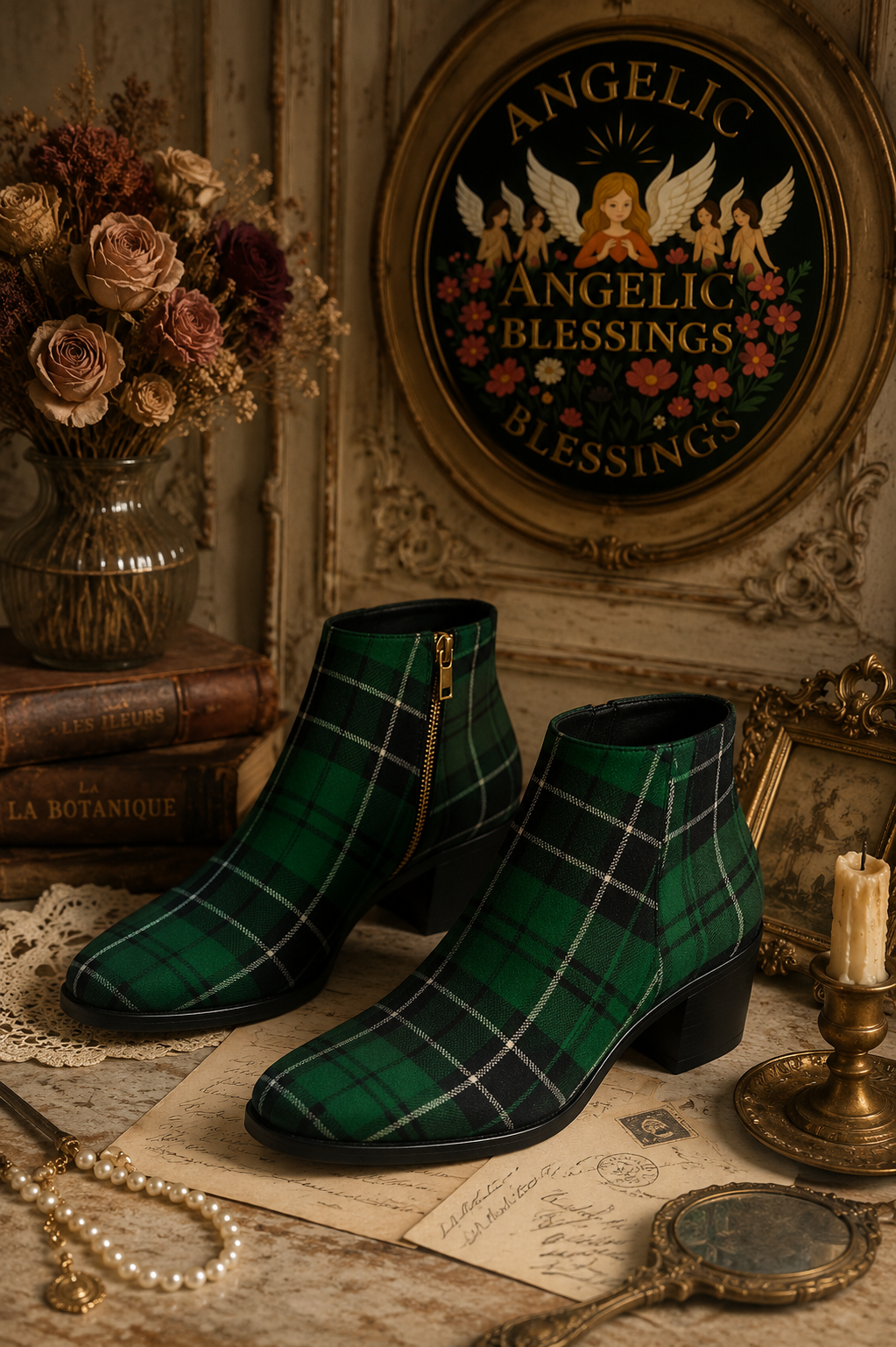 Emerald Green Tartan Ankle Boots Women - Elegant Heritage Style