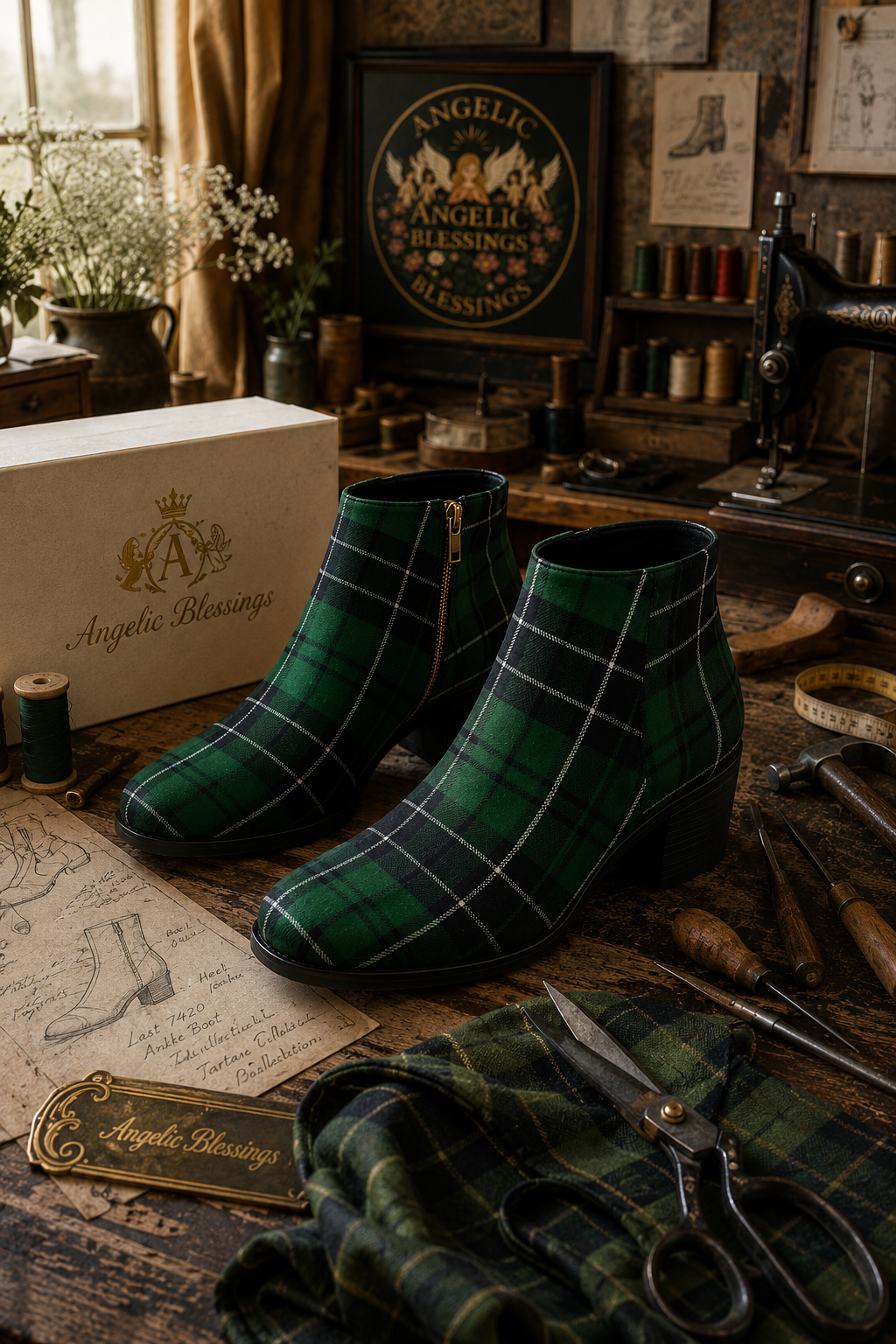 Emerald Green Tartan Ankle Boots Women - Elegant Heritage Style