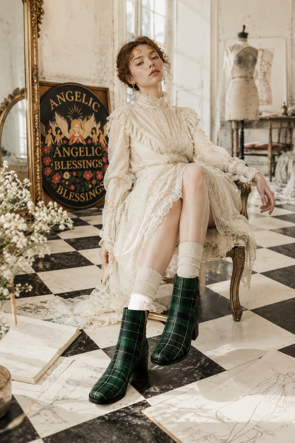 Emerald Green Tartan Ankle Boots Women - Elegant Heritage Style
