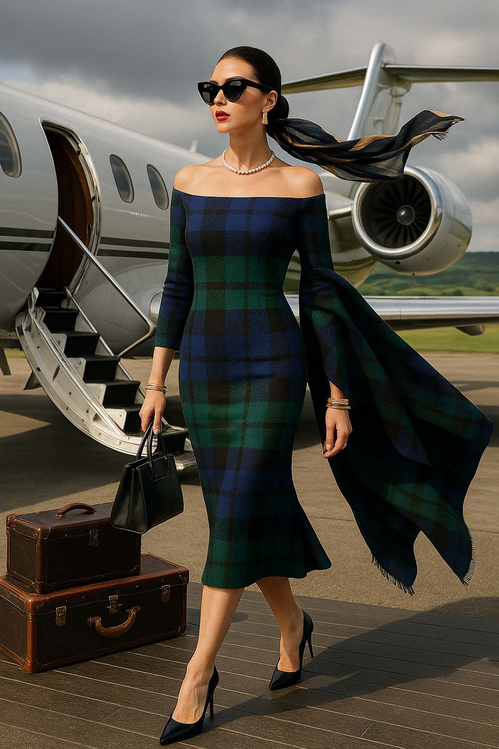 Black Watch tartan off-shoulder wrap dress – Scottish heritage style