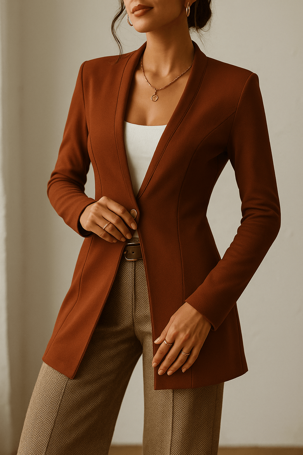 Camel beige women’s blazer – luxury one-button long sleeve tailored jacket