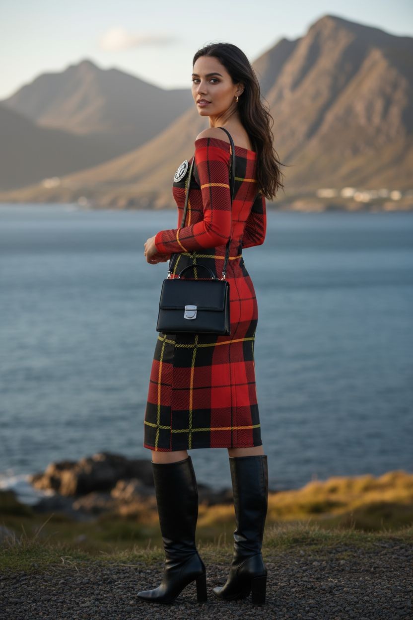Clan Wallace Tartan Off-The-Shoulder Long Sleeve Midi Bodycon Wrap Dress