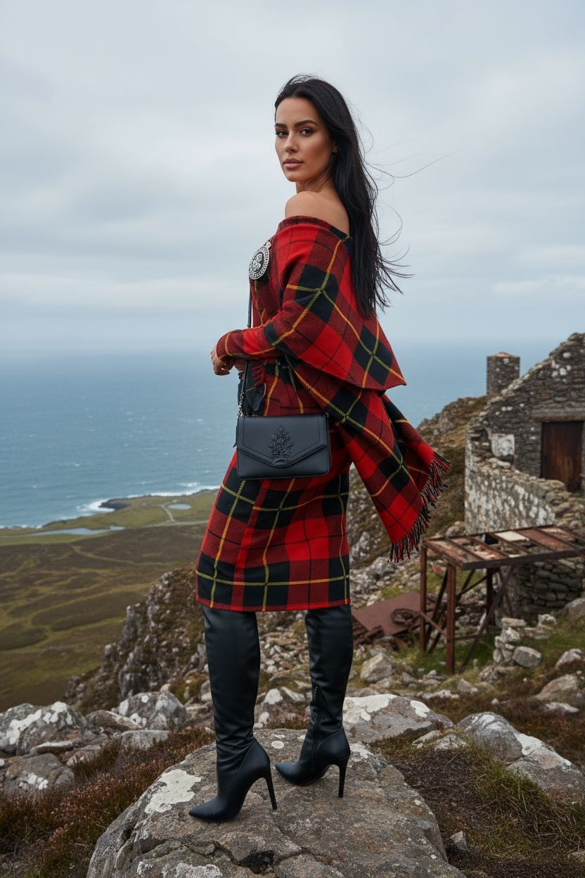 Woman wearing a red Clan Wallace Tartan off-the-shoulder midi dress standing by the Scottish Highlands.
Clan Wallace Tartan Dress, Scottish Heritage Fashion, Red Plaid Dress