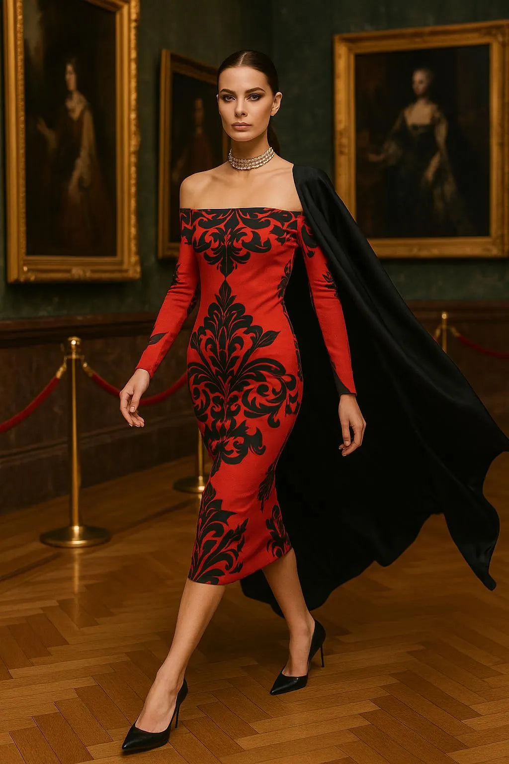 Gothic evening midi dress – luxury wrap neckline style