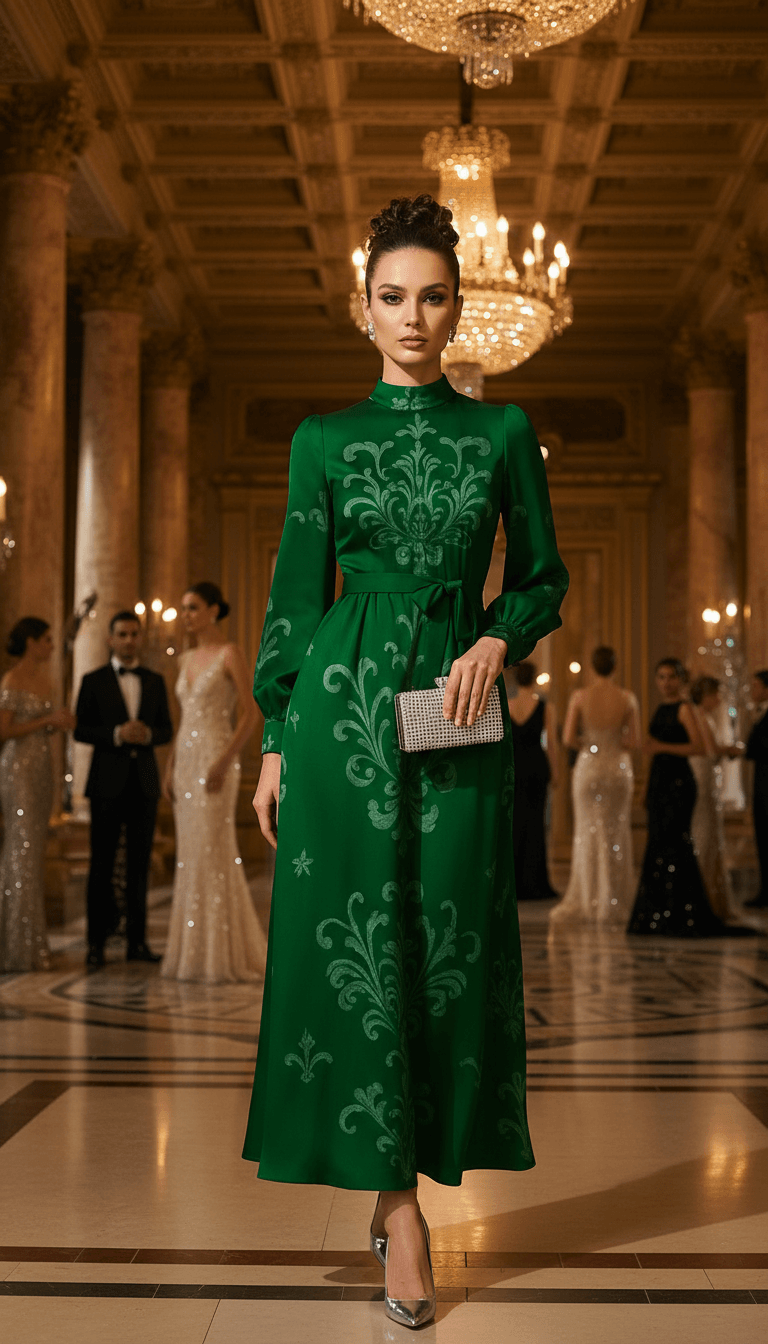 Woman in a green evening gown with intricate patterns in an elegant indoor setting.