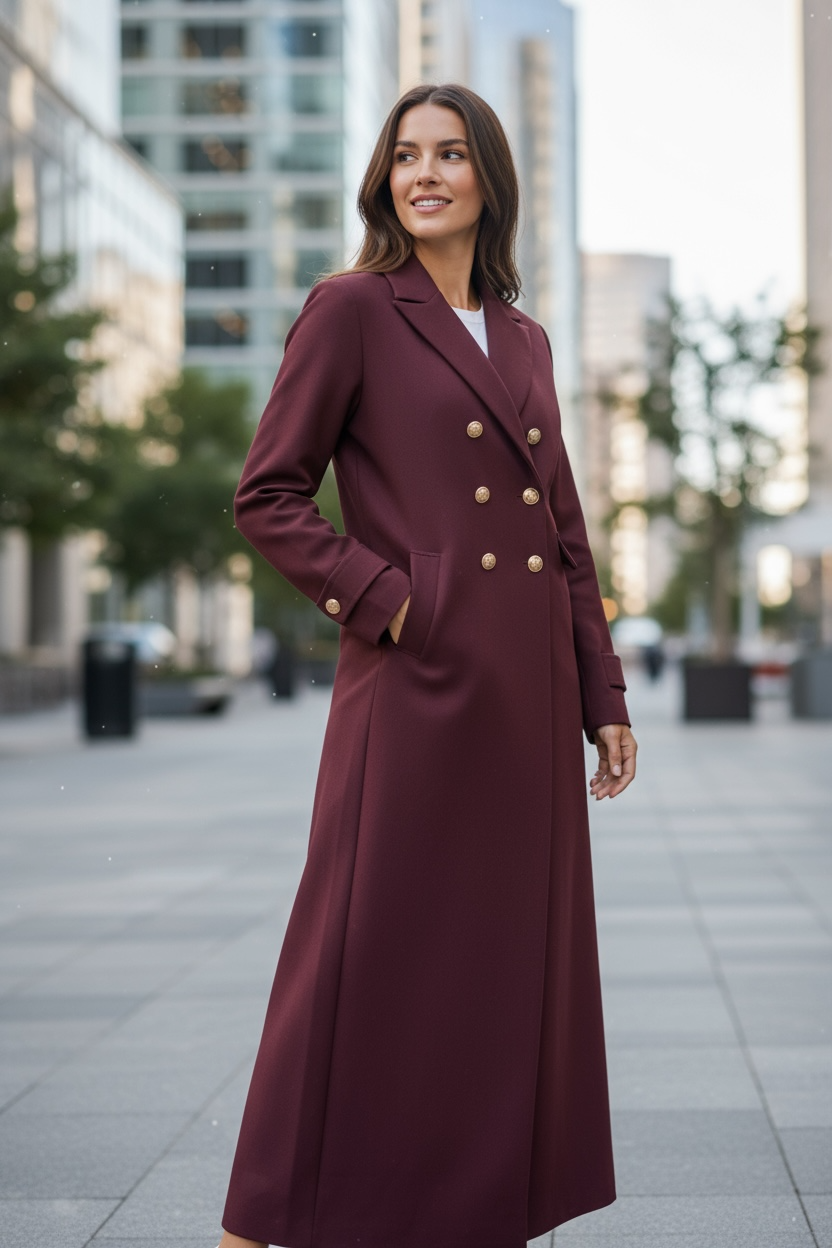 Dark red double-breasted coat with gold buttons – luxury outerwear