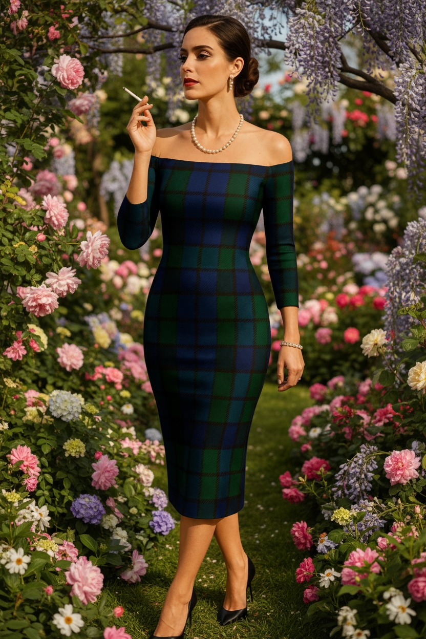 Black Watch Tartan Off-Shoulder Wrap Dress - Elegant Long Sleeve Evening -S-6XL
