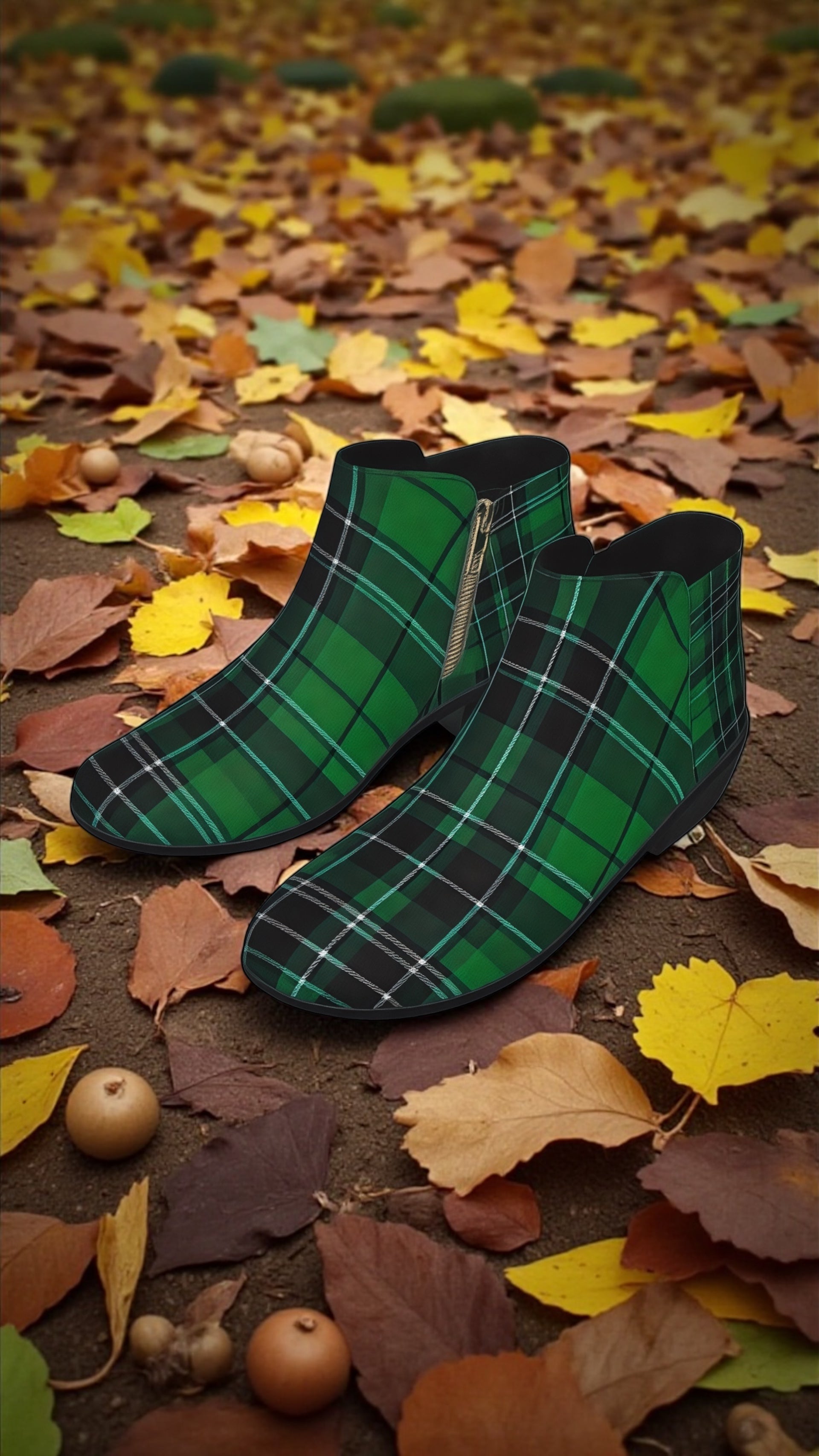 Green tartan ankle boots women with side zipper displayed outdoors on autumn leaves