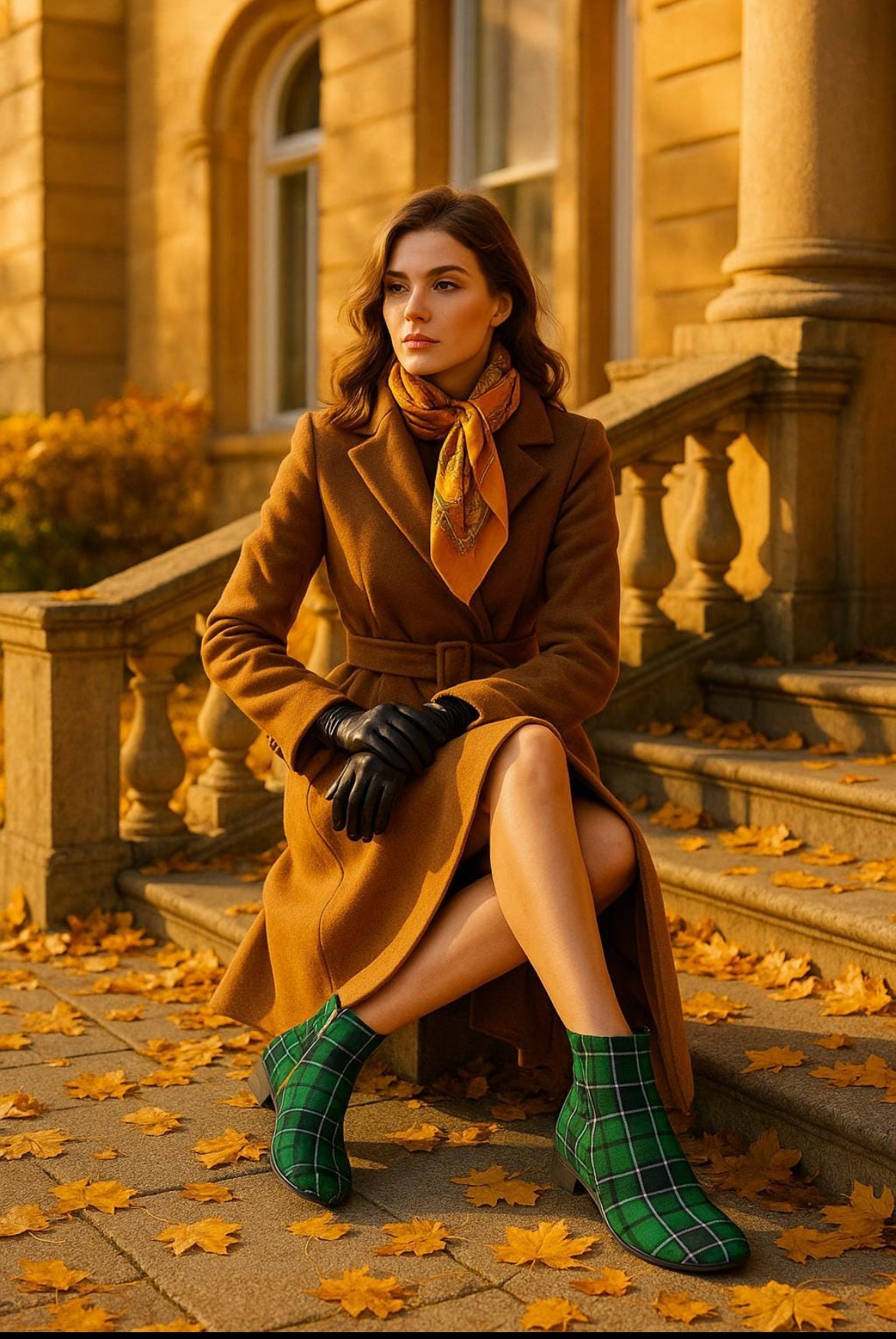 Green tartan ankle boots women styled with brown coat and black gloves sitting on outdoor steps