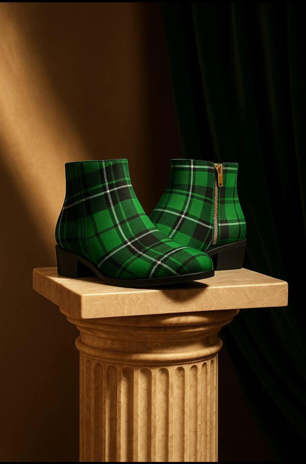 Green tartan ankle boots women displayed on a marble pedestal with side zipper closure