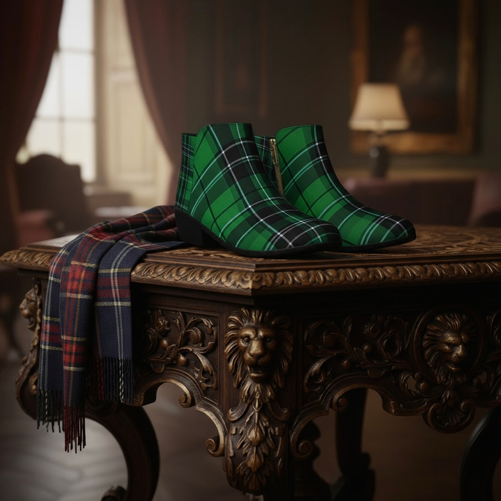 Green tartan ankle boots women displayed on an ornate wooden table with a plaid scarf nearby