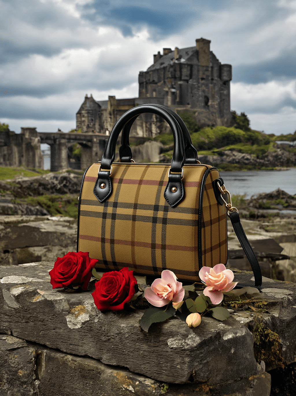 Angelic Blessings Shop barrel handbag with plaid design black handles displayed outdoors on stone with roses
