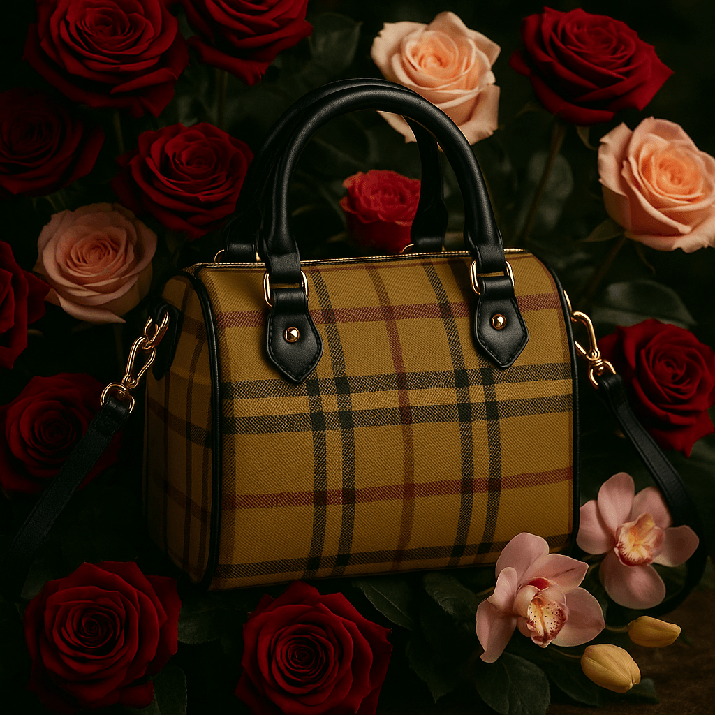 Angelic Blessings Shop barrel handbag with yellow plaid pattern and black handles surrounded by red and peach roses