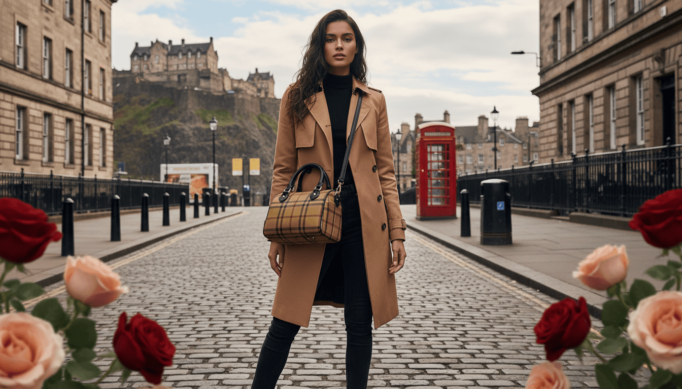 Woman wearing camel coat carrying Angelic Blessings Shop plaid barrel handbag on city street