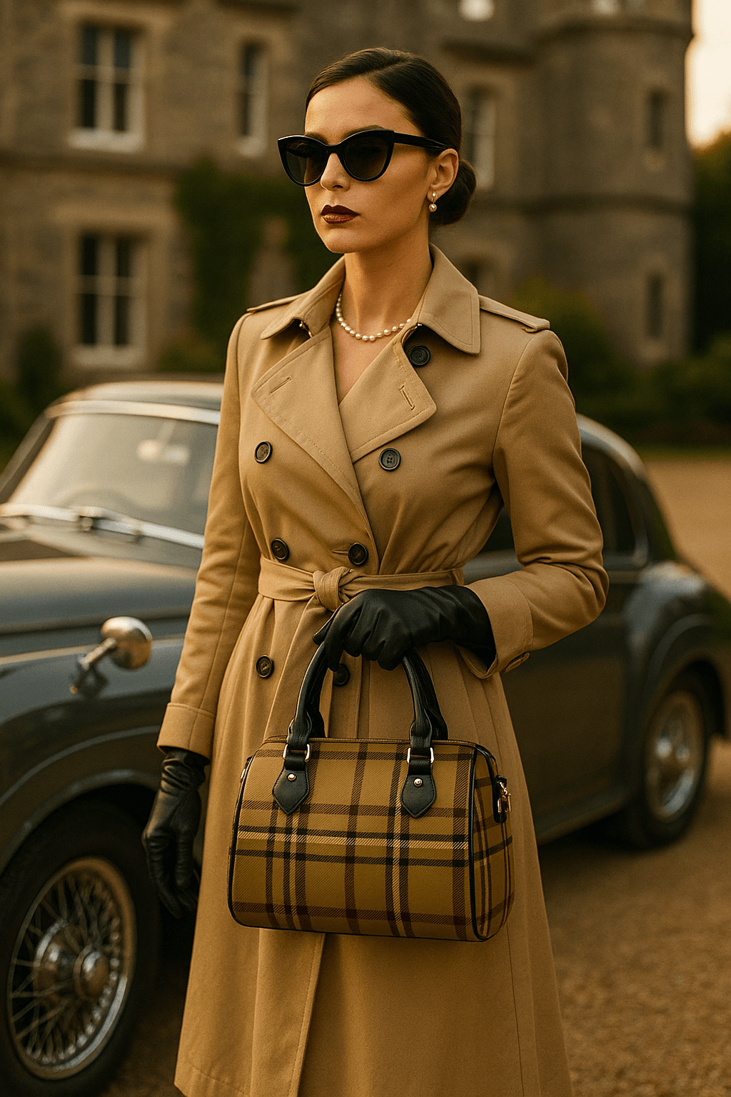 Woman in trench coat holding Angelic Blessings Shop barrel handbag with plaid design and black handles