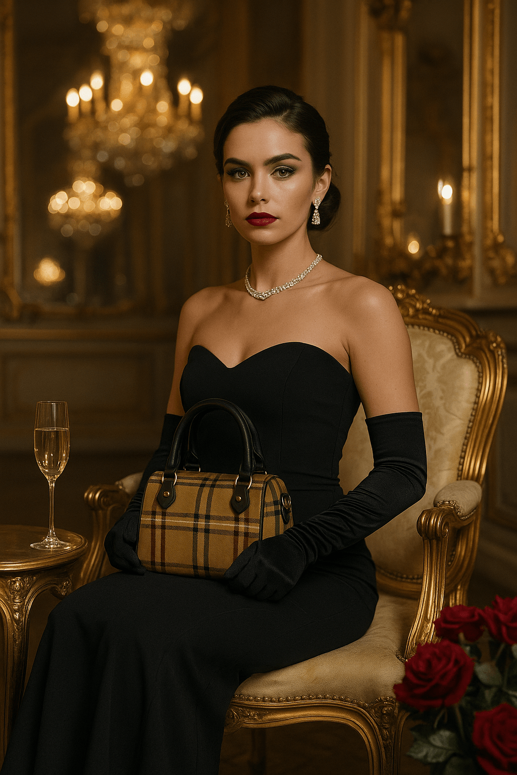 Woman in elegant black dress holding a plaid barrel handbag from Angelic Blessings Shop in a luxurious room