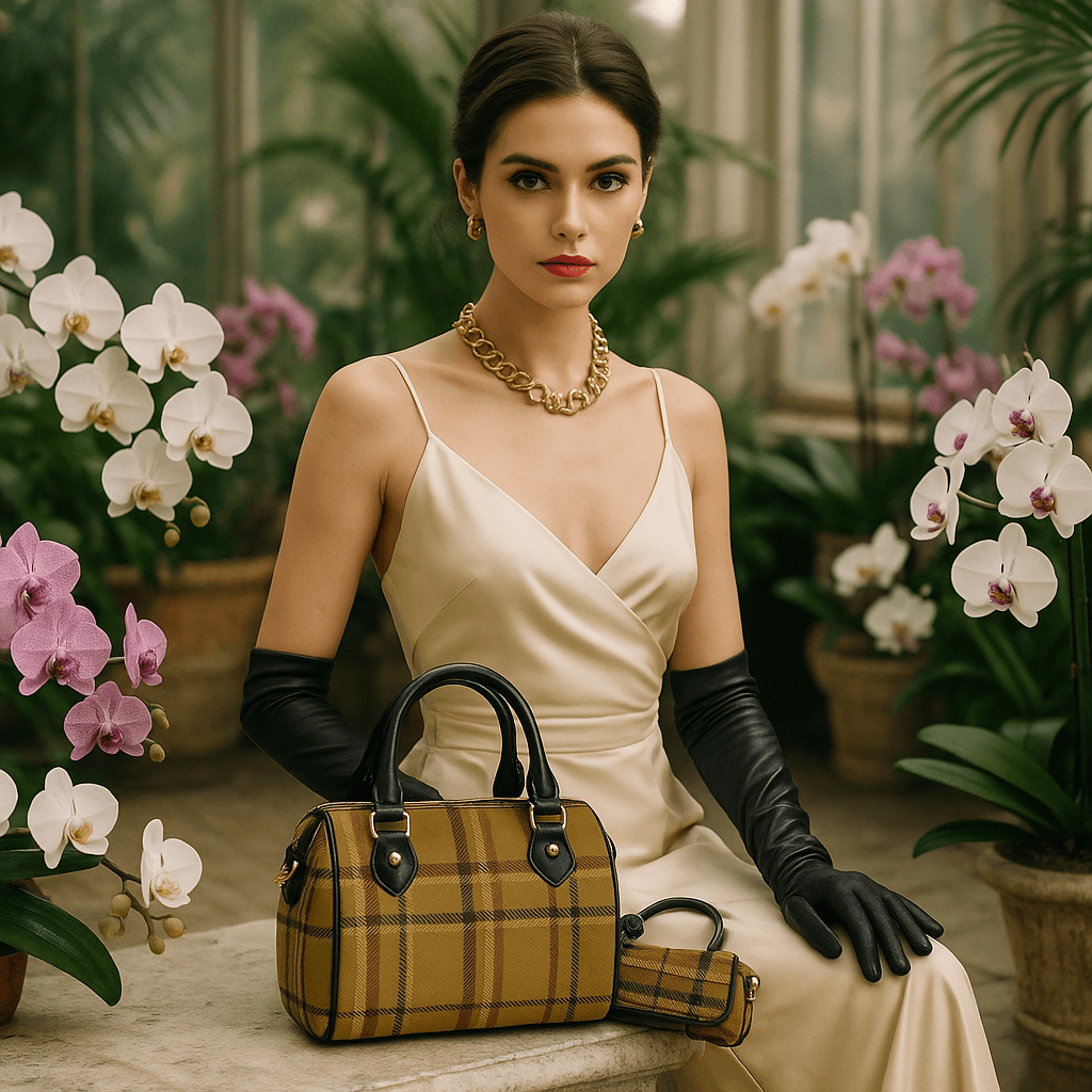 Small plaid satchel handbag with black leather handles – autumn scenery