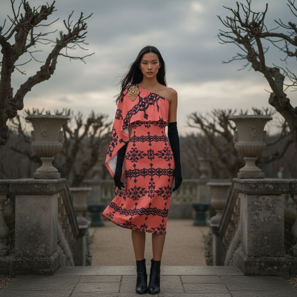 Elegant Dusty Rose One-Shoulder Midi Dress with Baroque Lace Design (S–6XL)