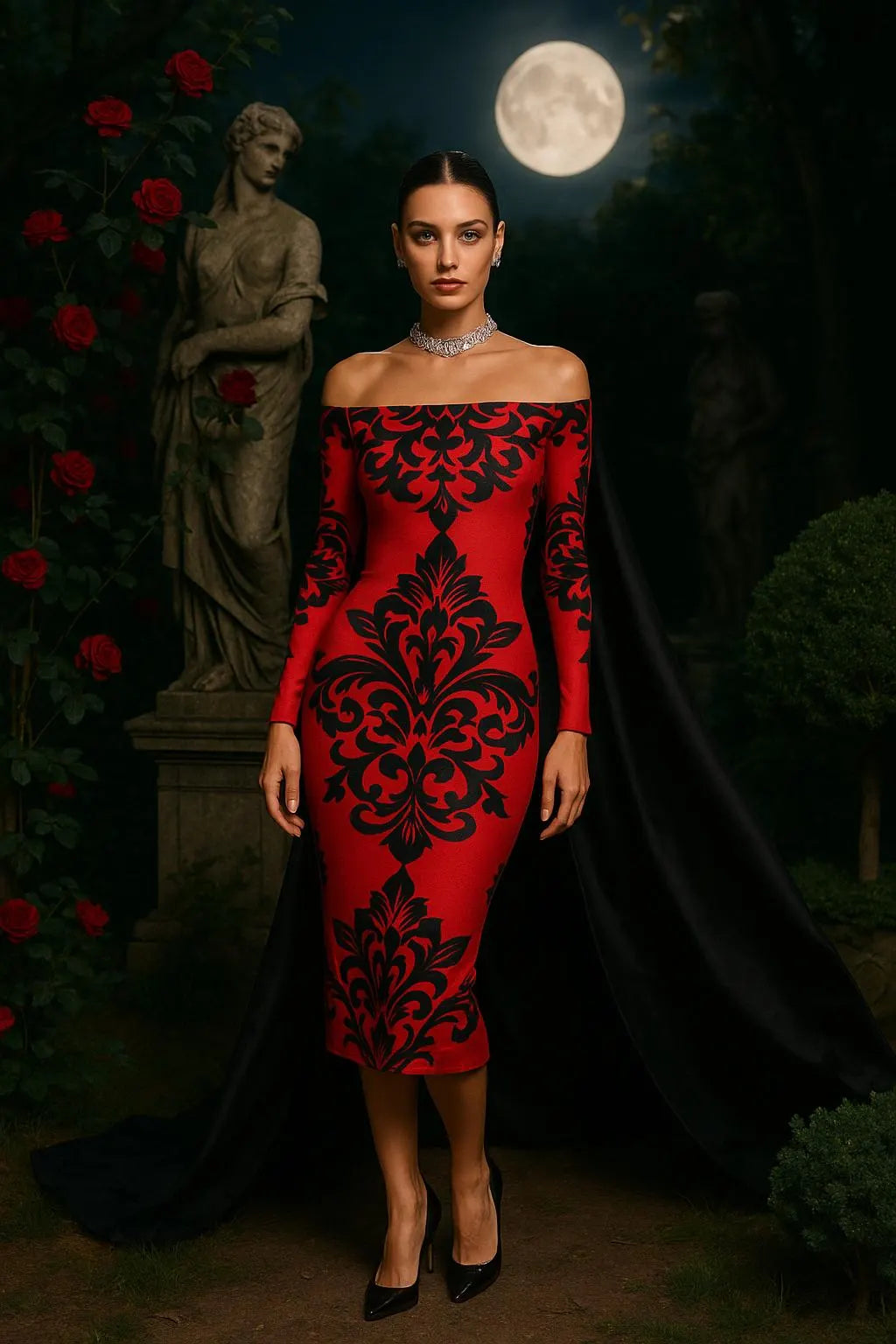 Baroque red and black dress – elegant long sleeve bodycon