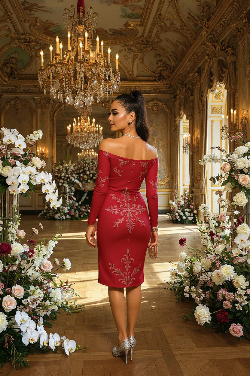Rose Baroque Women's Off-The-Shoulder Long Sleeve Midi Dress | Elegant Victorian-Inspired Bodycon Dress (S–6XL)