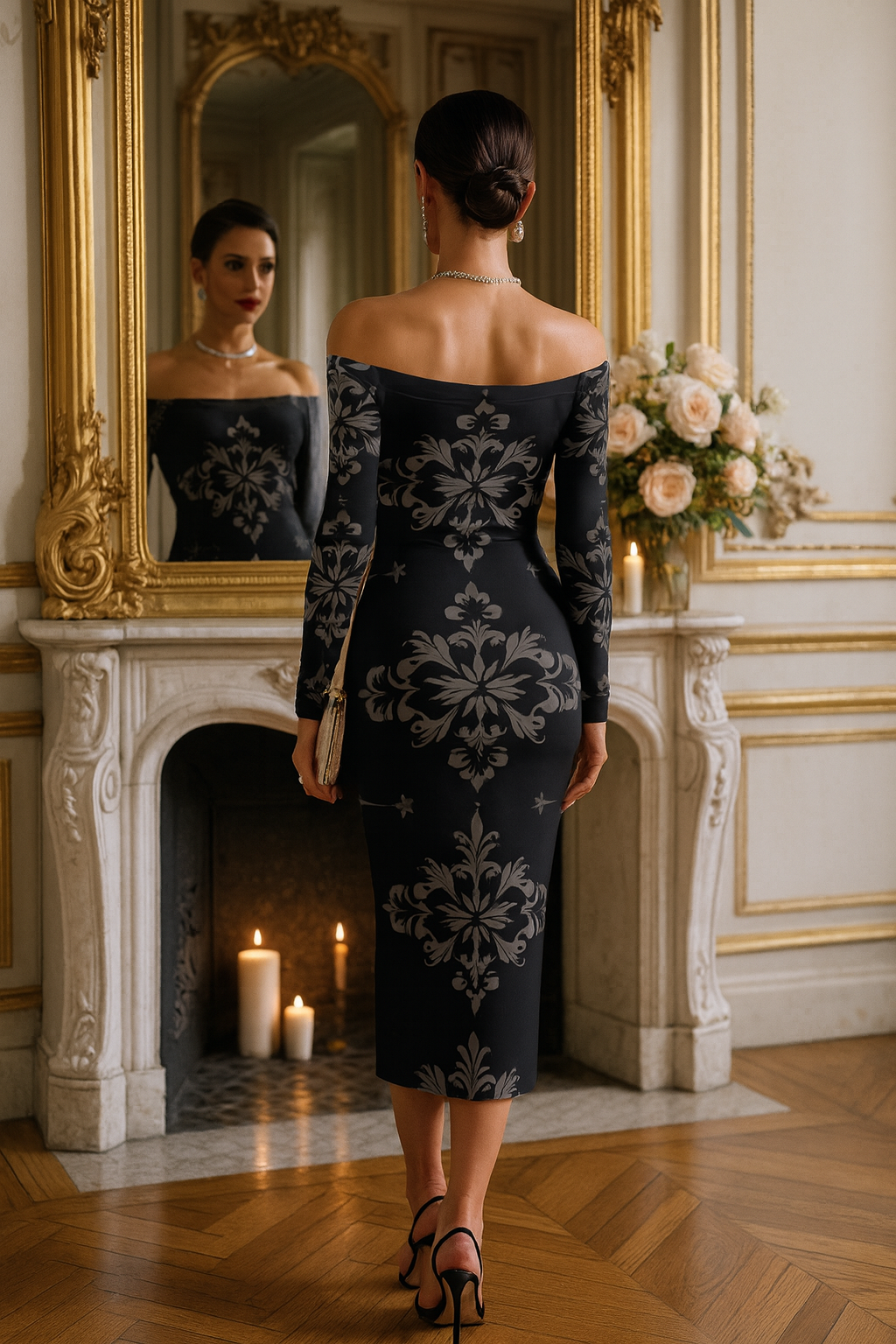 Baroque print bodycon midi dress – modern Victorian elegance
