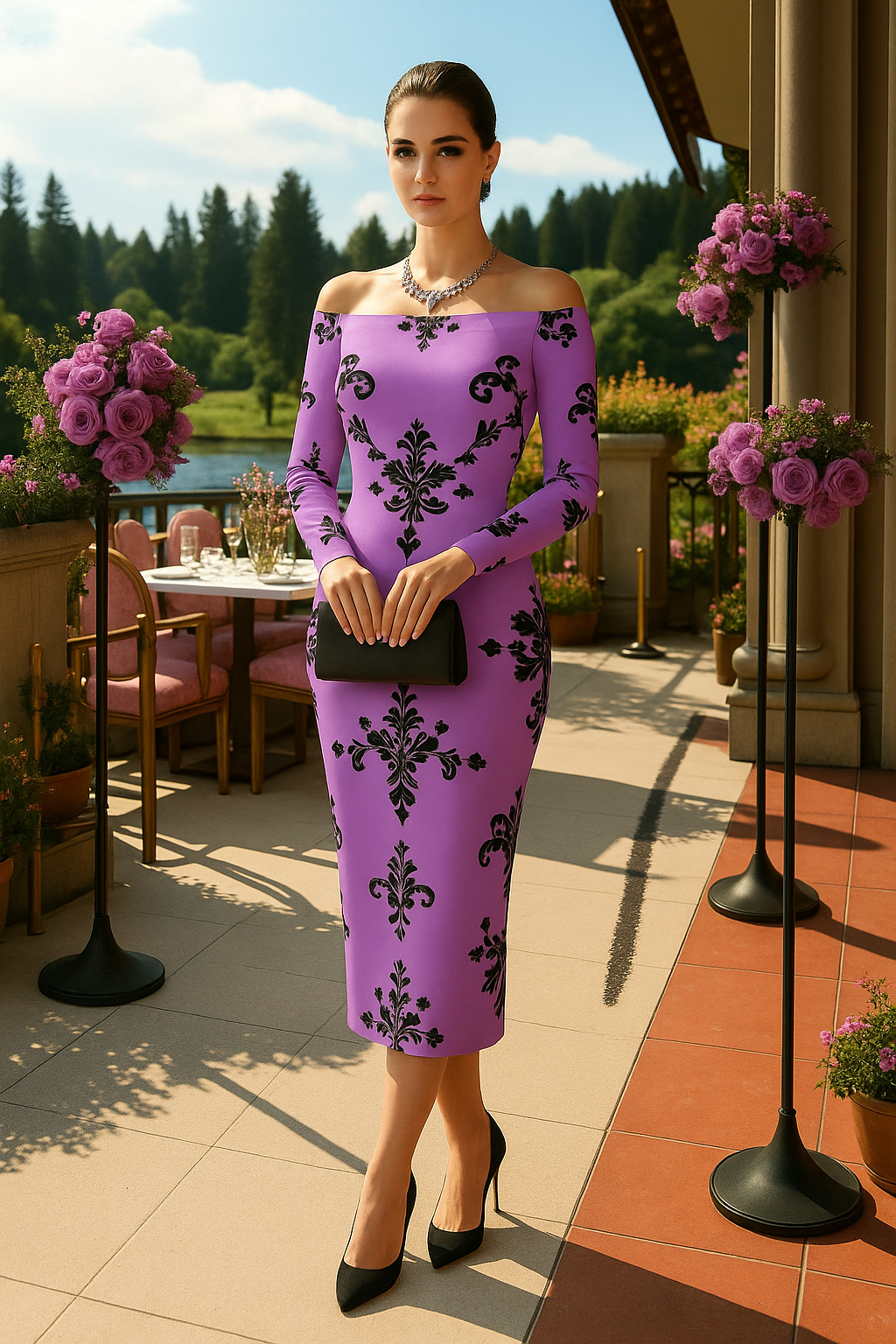 Victorian violet off-shoulder dress – baroque floral bodycon design
