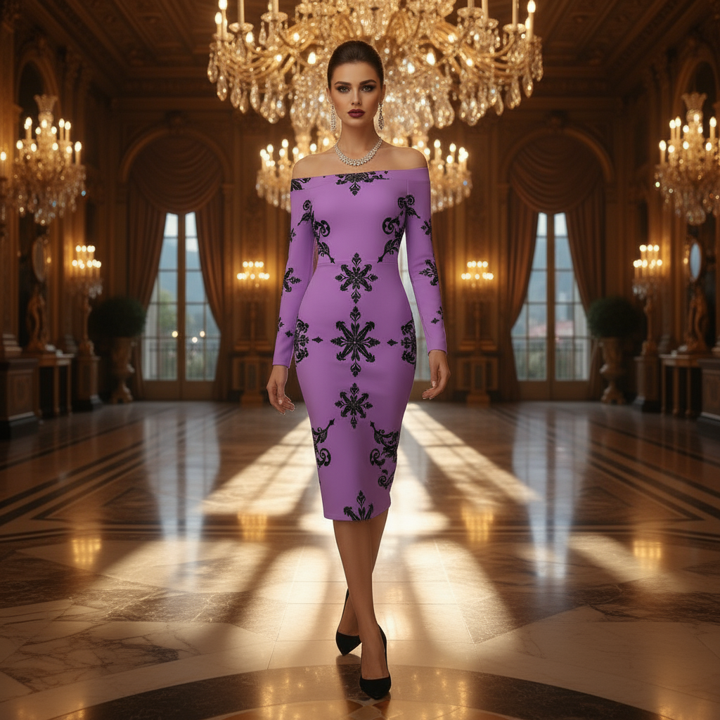 Off-shoulder Victorian wrap dress – romantic purple evening style