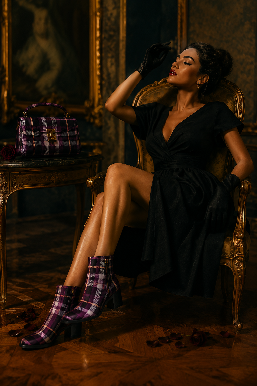 Amethyst Tartan ankle boots with elegant evening outfit in vintage setting