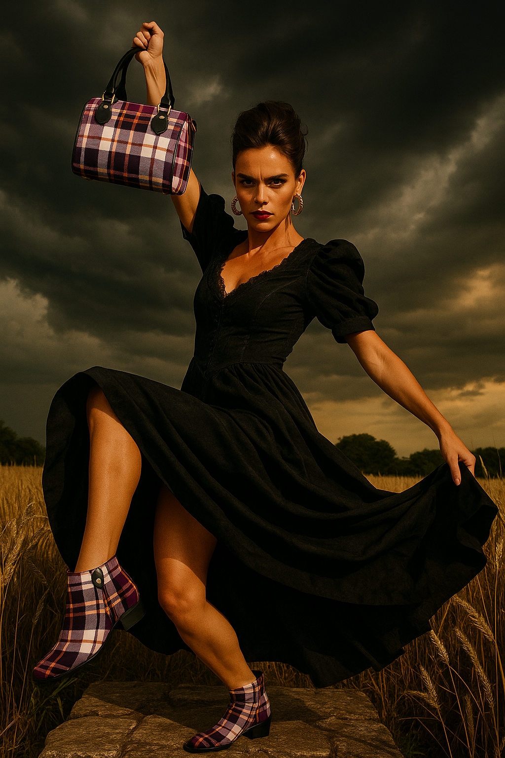 Amethyst tartan handbag with Elegant Evening Outfit and Matching Shoes
