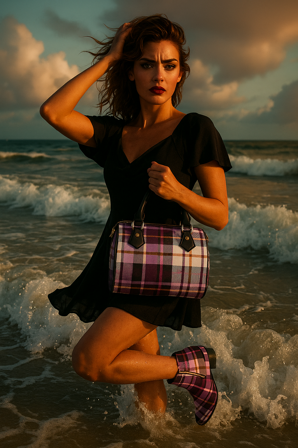 Amethys tartan handbag with matching boots and elegant black outfit by the ocean