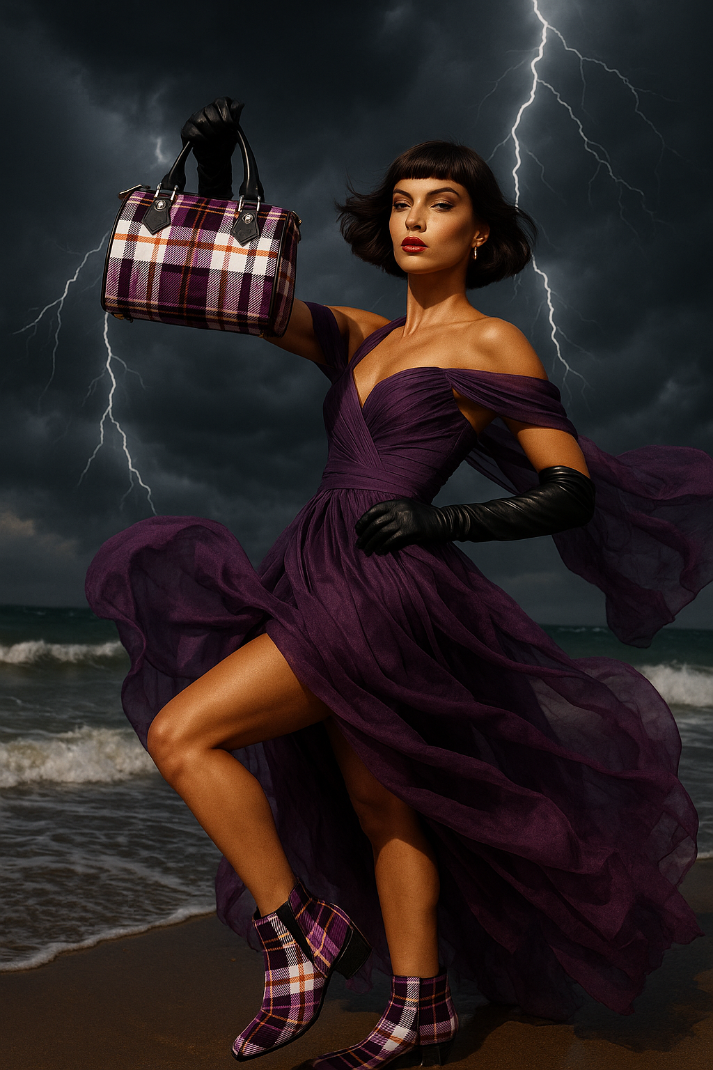 Amethyst tartan handbag Elegant evening outfit styled with matching boots
