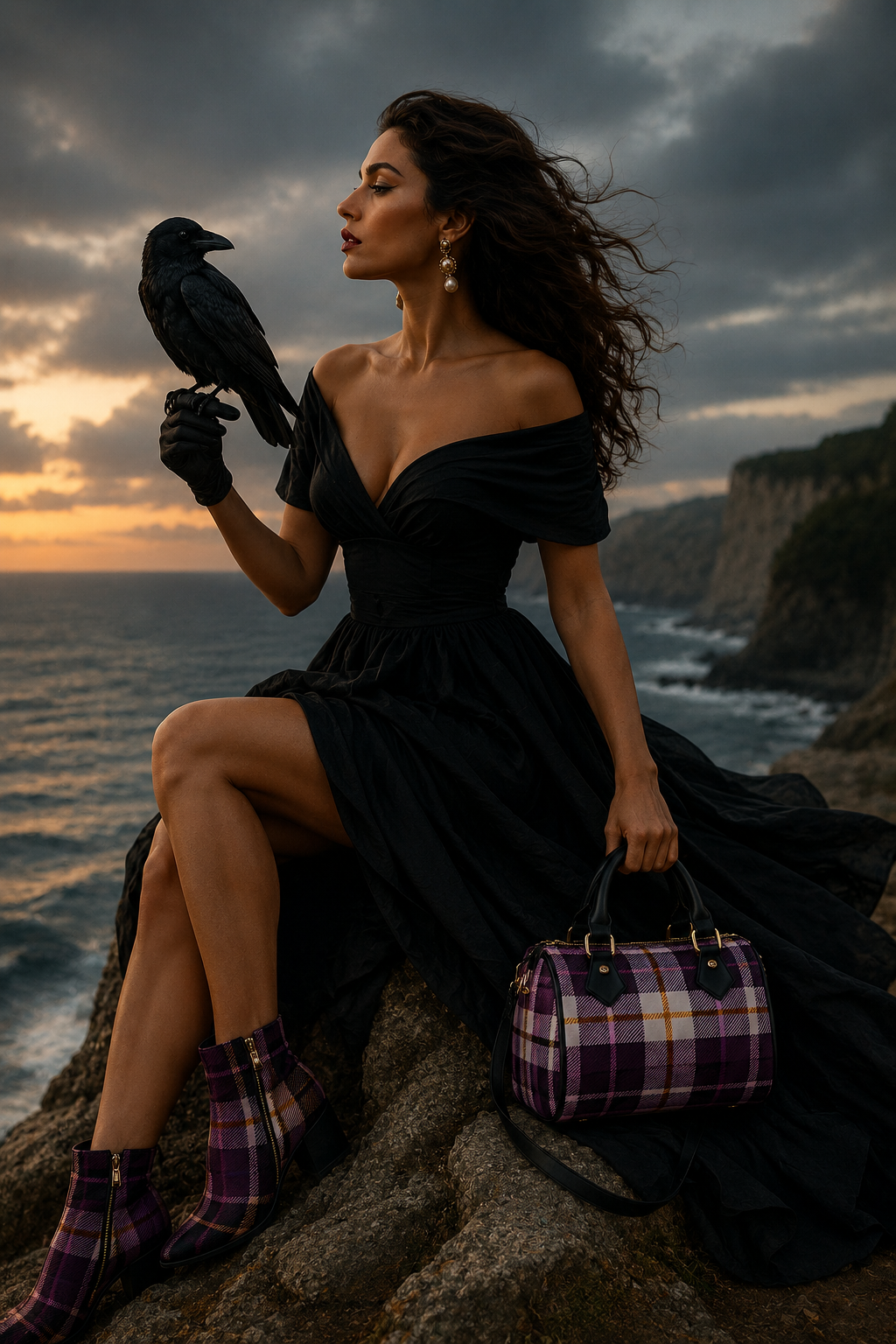 Amethyst tartan handbag with elegant outfit and evening style by the sea