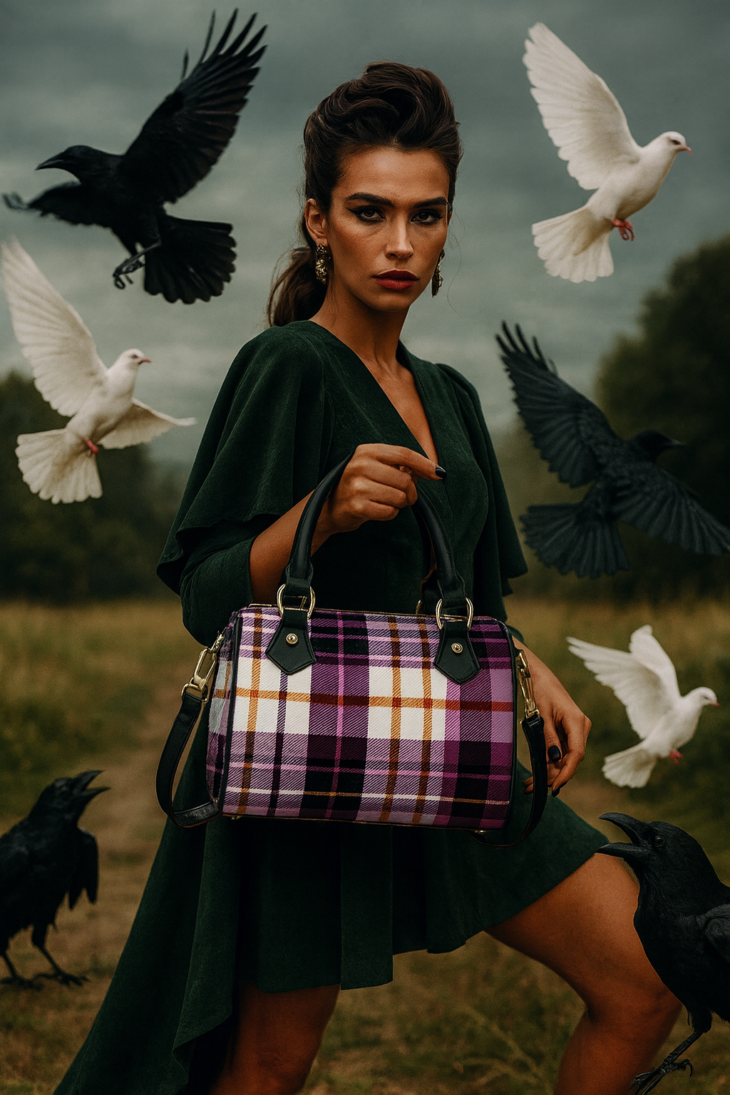 Amethyst tartan handbag with elegant outfit for evening and stylish look