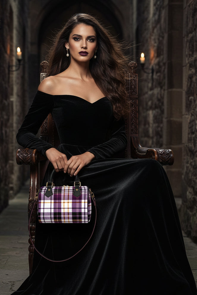Amethyst tartan handbag with elegant evening outfit and stylish design