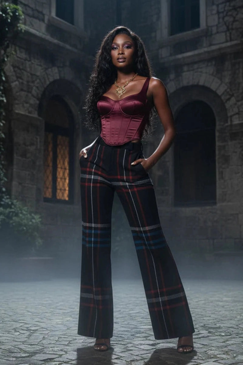 Black and red tartan high-waist wide-leg trousers for women