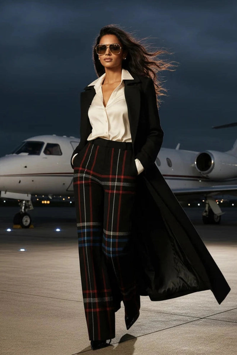 Black red blue tartan high-waist wide-leg trousers for women