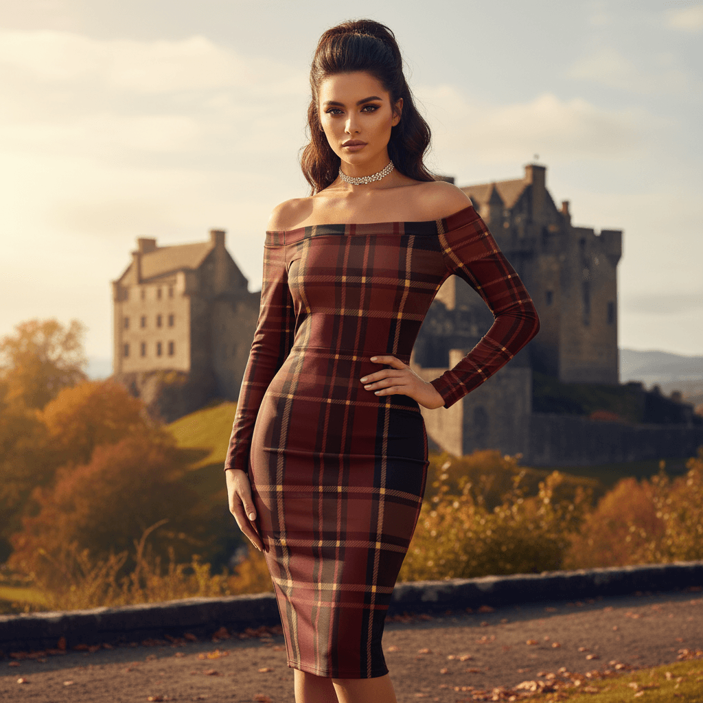 Braemar Belle tartan off shoulder midi dress by Angelic Blessings shop worn outdoors near historic castle