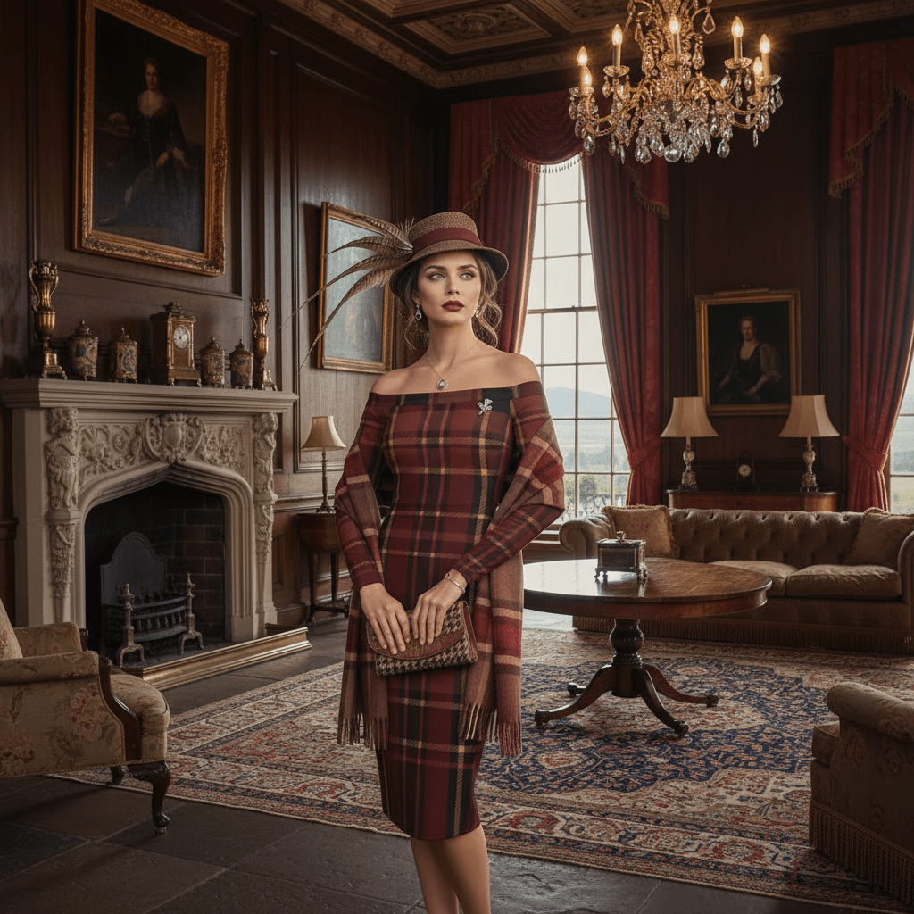Braemar Belle tartan off shoulder midi dress by Angelic Blessings shop worn by woman in vintage room