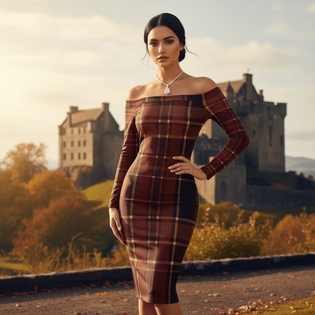 Braemar Belle tartan off shoulder midi dress by Angelic Blessings shop worn by model outdoors near historic castle