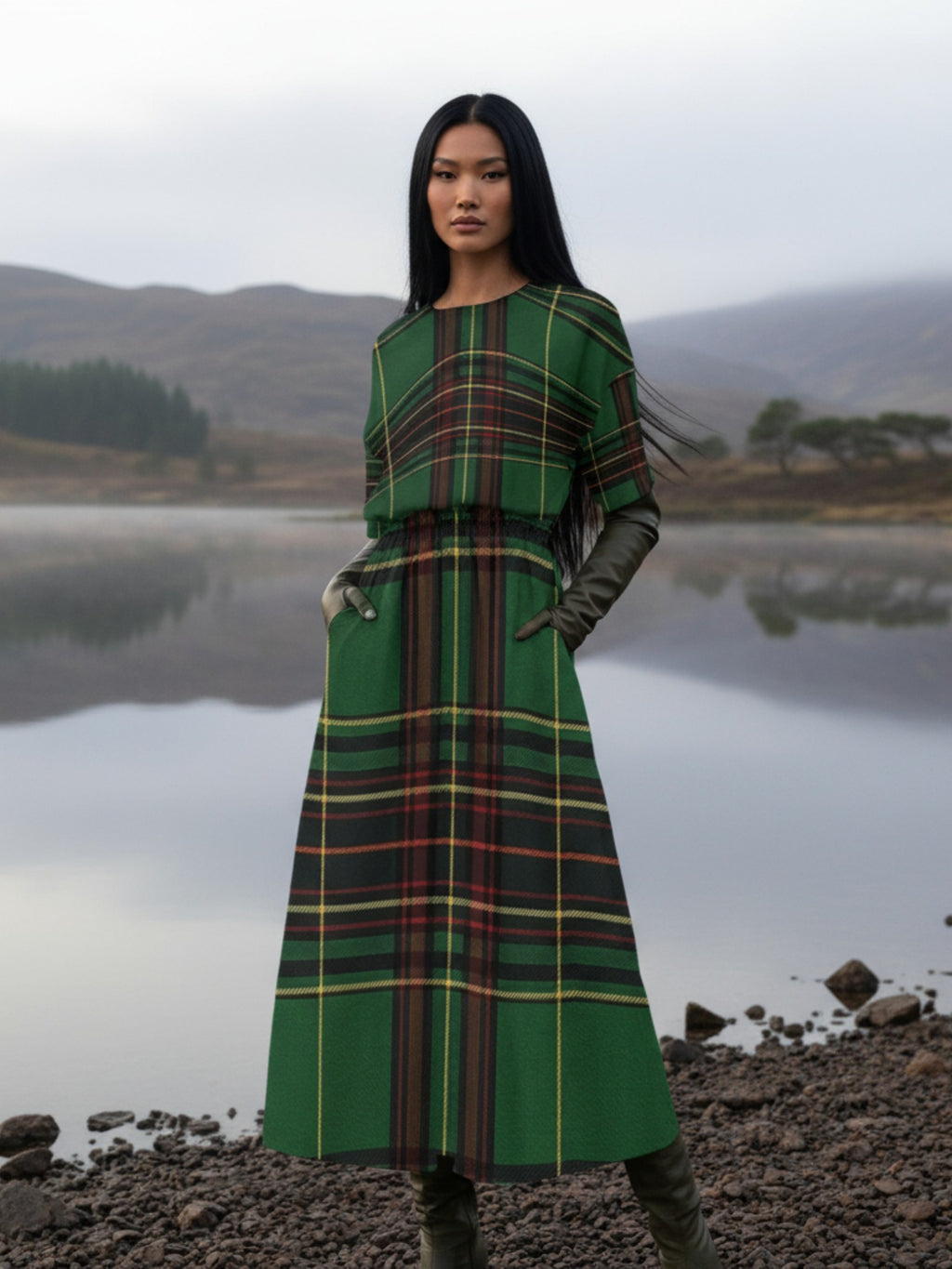 Model wearing Cramond Tartan Short Sleeve Midi Dress Scottish herritage Dress in green plaid near lake and mountains