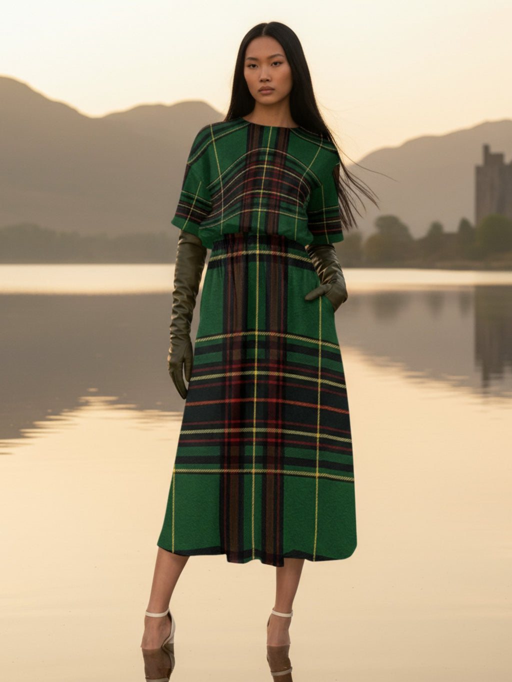 Model wearing Cramond Tartan Short Sleeve Midi Dress Scottish herritage Dress in green tartan pattern by Angelic Blessings Shop